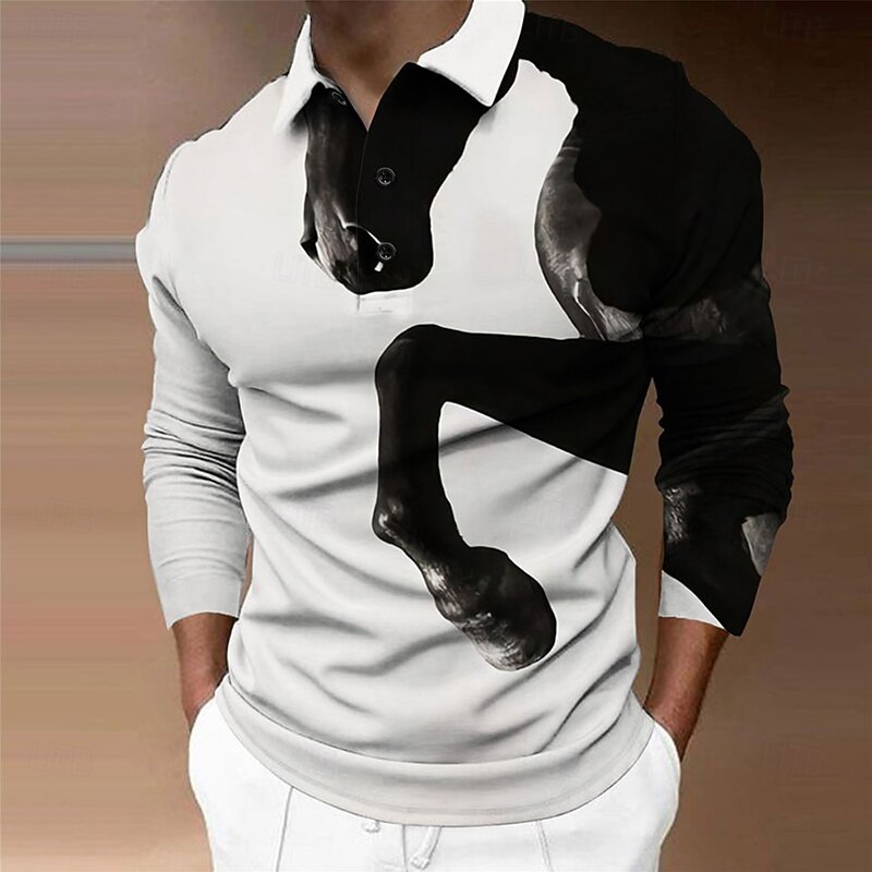 Men's Horse Polo Shirts Golf Shirt Long Sleeve Polo Shirts Collared Shirts Casual Funny Streetwear Vacation Wear Party Outfits 3D Print Buttons White Navy Blue
