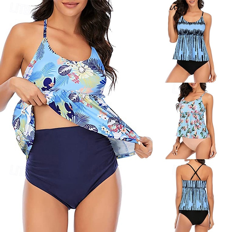 Women's Tankini Two Piece Swimsuit Backless Swimwear Floral Swimwear Light Blue Black Breathable Quick Dry Lightweight Sleeveless - Swimming Surfing Beach Summer Spring