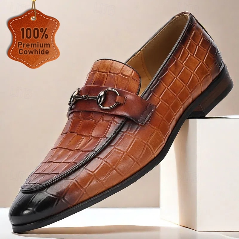 Men's Premium Cowhide Leather Loafers - Crocodile Pattern with Metal Bit Decoration for Formal and Business Wear