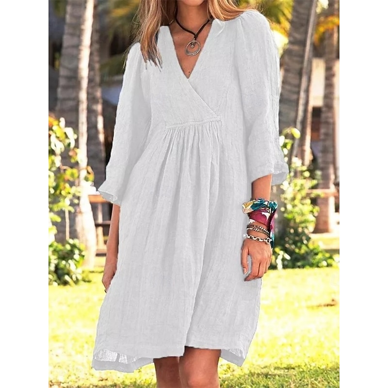 Women's Mini Dress Cotton Linen Dresses Casual Dress Basic Casual Vacation Daily Regular Fit Plain 3/4 Length Sleeve V Neck White Blue Brown Gray Summer