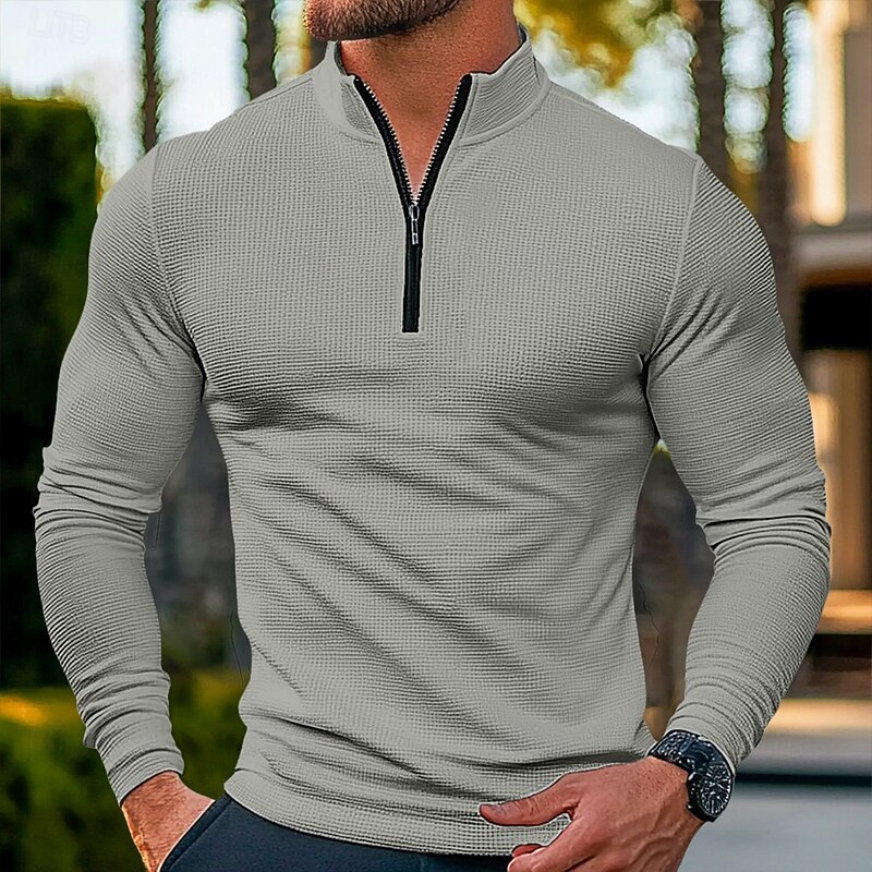 Men's Waffle Polo Shirt Quarter Zip Polo Outdoor Leisure Home Quarter Zip Long Sleeve Fashion Modern Solid Color Knit Spring and Autumn Fitted Cut