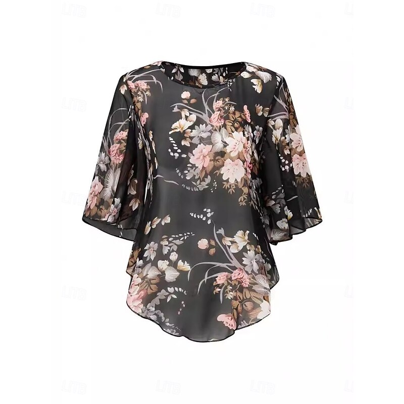 Women's Shirt Blouse Floral Stylish Casual 3/4 Length Sleeve Crew Neck Regular Tops Daily Mesh Print Black Summer3