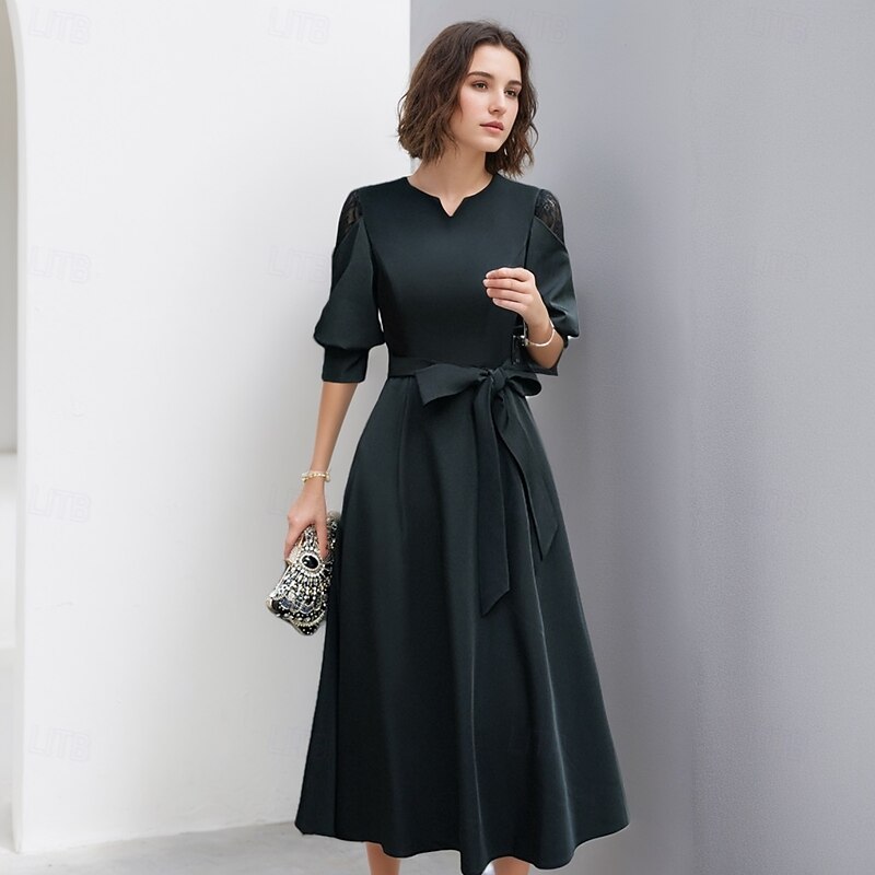 A-Line Cocktail Dresses Elegant Dress Formal Ankle Length Half Sleeve V Neck Pocket Satin with Bow(s) Dresses