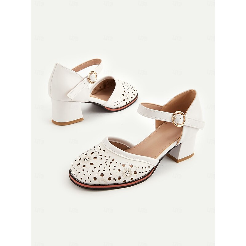 Women's White Mary Jane Low Heel Shoes - Laser Cut Floral Design, Vintage Style for Casual and Formal Occasions3