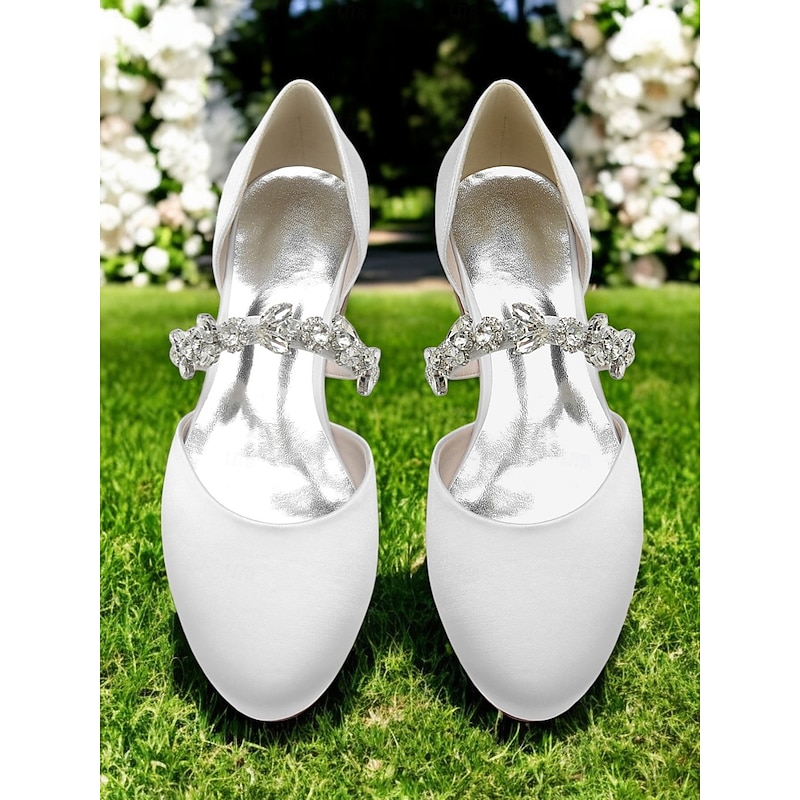 White Satin Closed-Toe Wedding Shoes with Rhinestone Ankle Strap - Bridal for Special Occasions