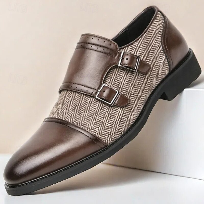 Men's Double Monk Strap Shoes - Faux Leather and Herringbone Fabric, Classic Formal Dress Shoes for Business and Weddings