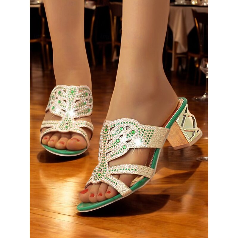 Gold and Green Rhinestone Embellished Heeled Sandals - Women's Glamorous Evening Shoes2