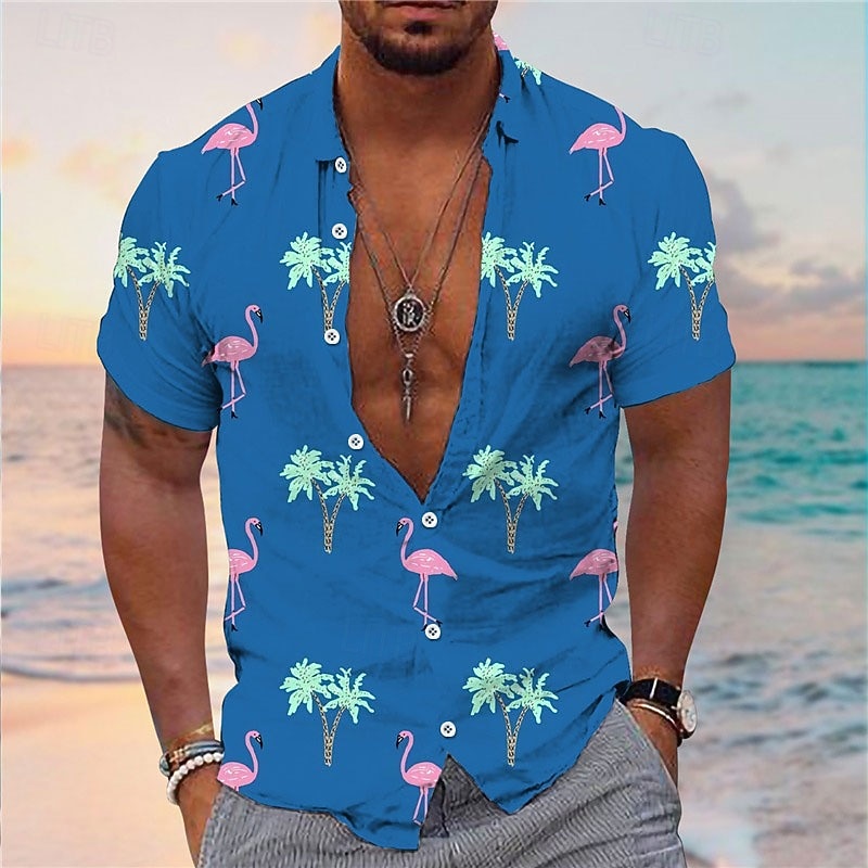 Men's Flamingo Coconut Tree Tropical Plants Shirt Summer Hawaiian Shirt Aloha Shirt Short Sleeves Shirt Turndown Tropical Fashion Streetwear Daily Hawaiian Holiday Yellow Pink Navy Blue S M L4