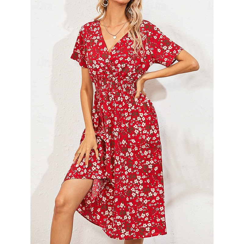 Women's Midi Dress Casual Dress Swing Dress A Line Dress Stylish Casual Vacation Daily Regular Fit Floral Short Sleeve V Neck Black White Yellow Pink Summer
