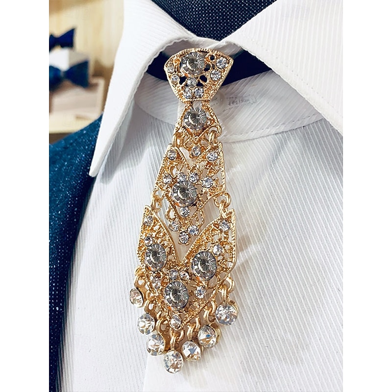 Men's Short Gold Metal Tie – Rhinestone-Embellished Formal Accessory for Weddings, Hosts and Special Events
