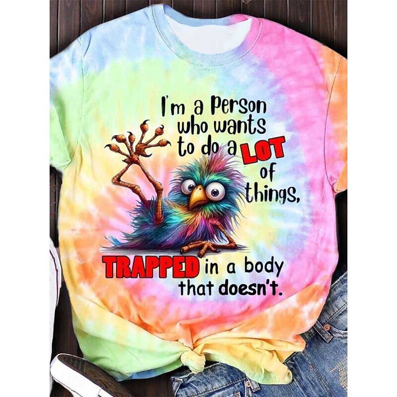 Women's T Shirt Tie Dye Letter Casual Short Sleeve Round Neck Regular Tops Daily Print Rainbow Summer