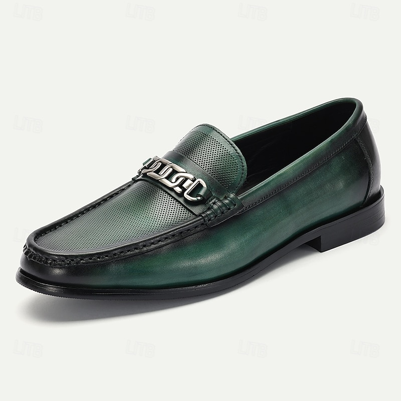 Men's Green Leather Loafers – Premium Cowhide with Metal Chain Accent, Breathable Design for Formal and Casual Wear3
