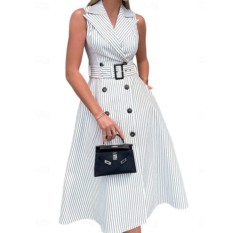 Women's Long Dress Maxi Dress Blazer Dress A Line Dress Elegant Stylish Formal Work Daily Date Regular Fit Stripe Sleeveless Shirt Collar White Summer Spring Fall4