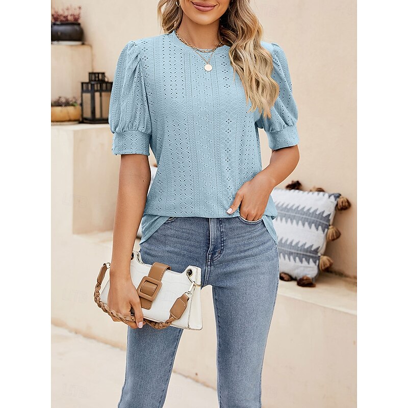Women's Blouse Solid Color Elegant Stylish Casual Short Sleeve Crew Neck Regular Tops Work Daily Holiday Hollow Out White Yellow Pink Blue Summer Spring Fall2