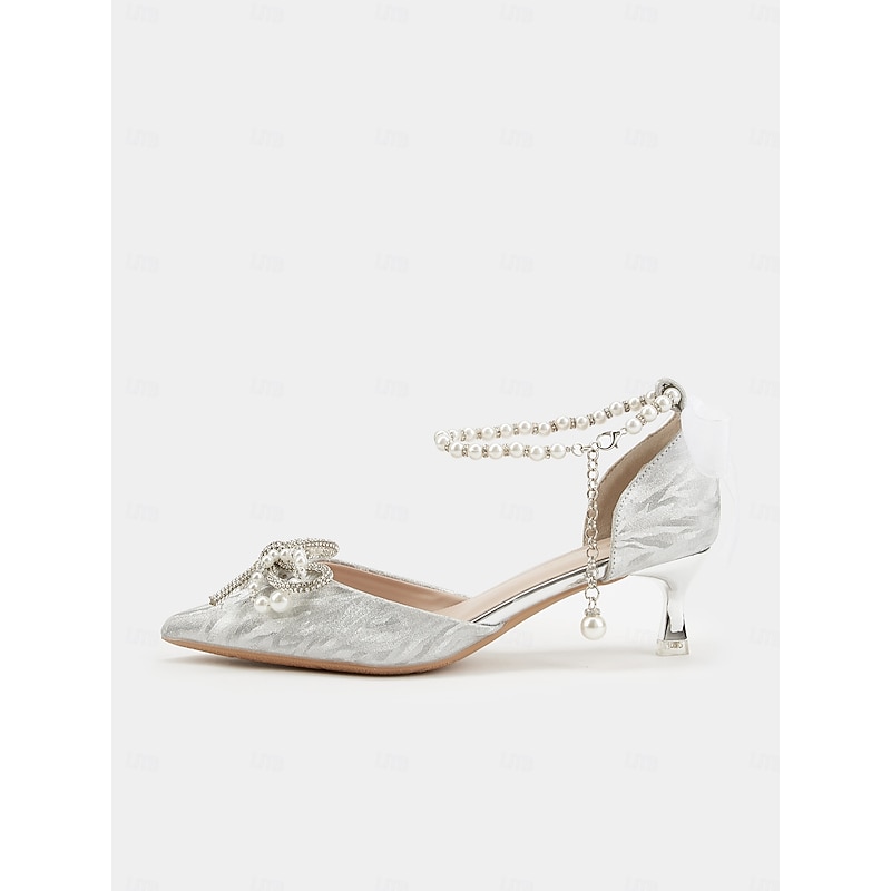 Silver Glitter Pointed-Toe Kitten Heels with Pearl Anklet and Bow Accents for Women - Stunning Wedding Shoes3