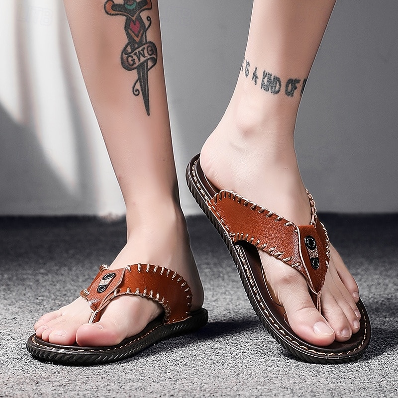 Men's Vintage Brown Faux Leather Flip Flops - Handmade Open-Toe Summer Sandals with Non-Slip Sole for Beach, Travel and Casual Wear4