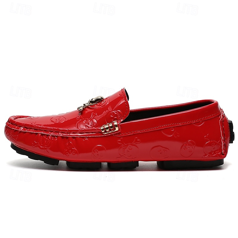 Men's Red Skull Embossed Patent Loafers  Slip-On Shoes with Metal Skull Accent, Gothic Style for Parties and Casual Wear4