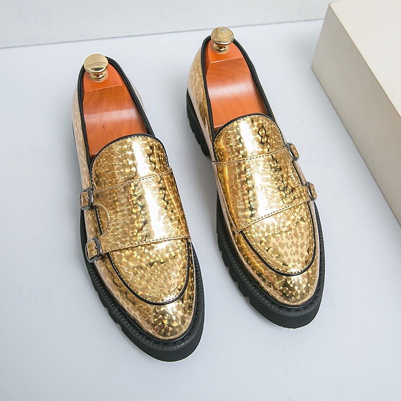 Men's Gold Metallic Loafers with Double Buckle and Chunky Sole - Stylish Party Shoes for Formal and Casual Occasions2