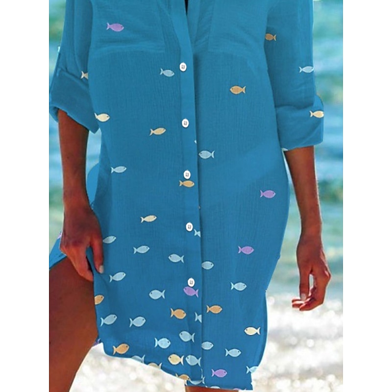 Women's Mini Dress Shirt Dress Casual Dress Shift Dress Mini Dress Outdoor Daily Date Fashion Classic Shirt Collar Pocket Print Half Sleeve Summer Spring Loose Fit Fish3