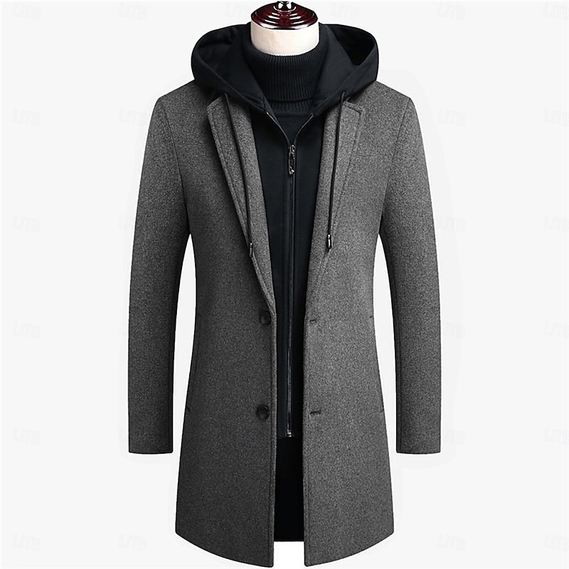 Men's Winter Coat Wool Coat Overcoat Trench Coat Outdoor Daily Wear Fall & Winter Polyester Windbreaker Outerwear Clothing Apparel Fashion Streetwear Plain Hooded Single Breasted One-button2