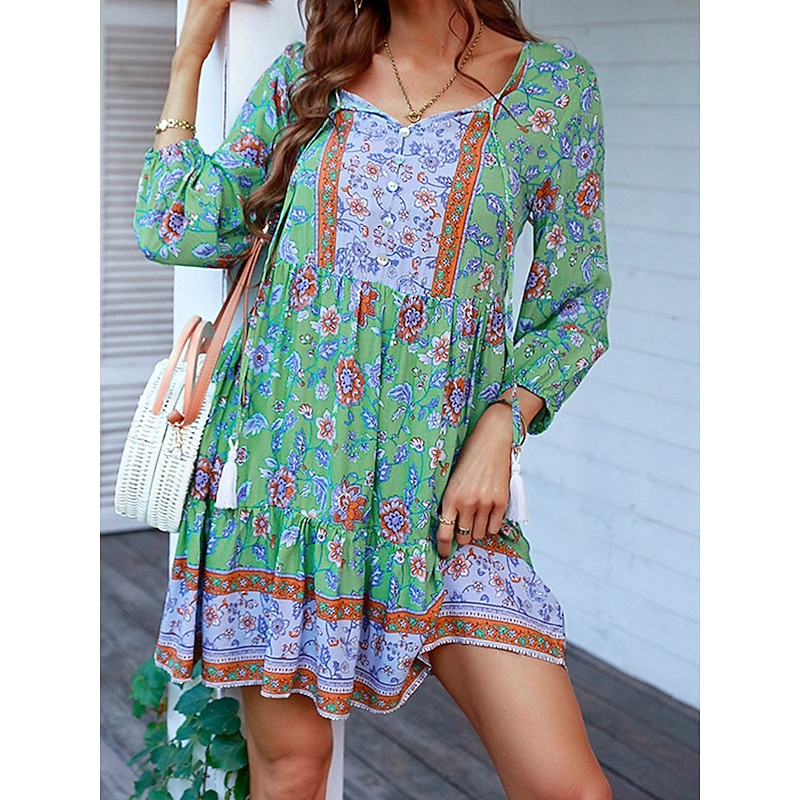 Women's Mini Dress Petite Dress Casual Dress Boho Chic Dresses Boho Dress Bohemia Cute Stylish Vacation Daily Beach Loose Fit Graphic Long Sleeve V Neck Red Green Spring Fall