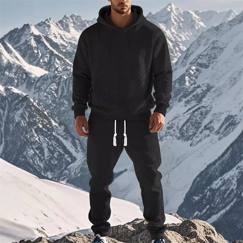 Men's Hoodie Tracksuit Sweatsuit Black White Army Green Khaki Gray Hooded Plain Jacquard 2 Piece Sports & Outdoor Daily Holiday Polyester Streetwear Basic Casual Spring &  Fall Clothing Apparel3