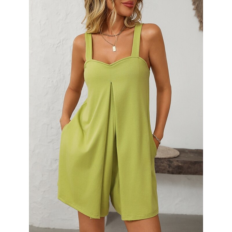 Women's Normal Romper Active Solid Color Sleeveless V Neck Pocket Vacation Daily Regular Fit Black Green Summer