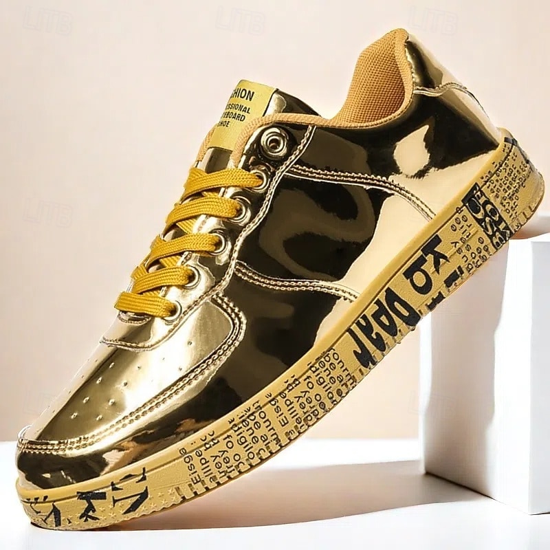 Men's Gold Metallic Sneakers with Printed Sole - Stylish Casual Shoes for Parties, Streetwear and Dance