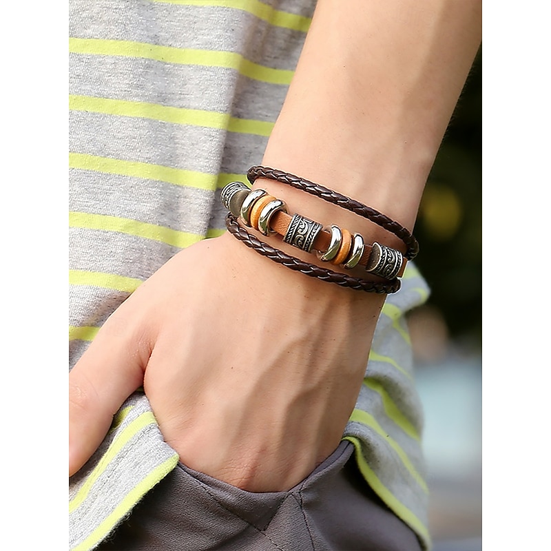 Men's Braided Leather Bracelet with Vintage Metal Beads – Bohemian Multi-Layer Design for Casual Wear, Parties and Gifts3