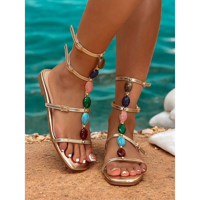 Women's Multicolor Beaded Gladiator Sandals - Bohemian Style Strappy Flats for Summer Beach and Casual Wear - Main Image
