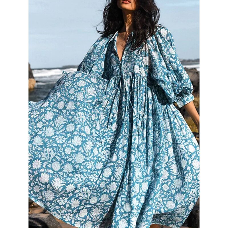 Women's Midi Dress Casual Dress Stylish Casual Vacation Daily Regular Fit Floral 3/4 Length Sleeve Crew Neck Navy Blue Blue Spring Fall2
