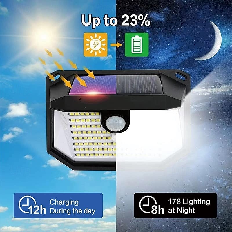 1 Pc outdoor solar waterproof wall lamp 178 LED Beams motion sensor induction lamp 270 degree wide-angle lighting 3 modes courtyard garden porch balcony garage lighting4