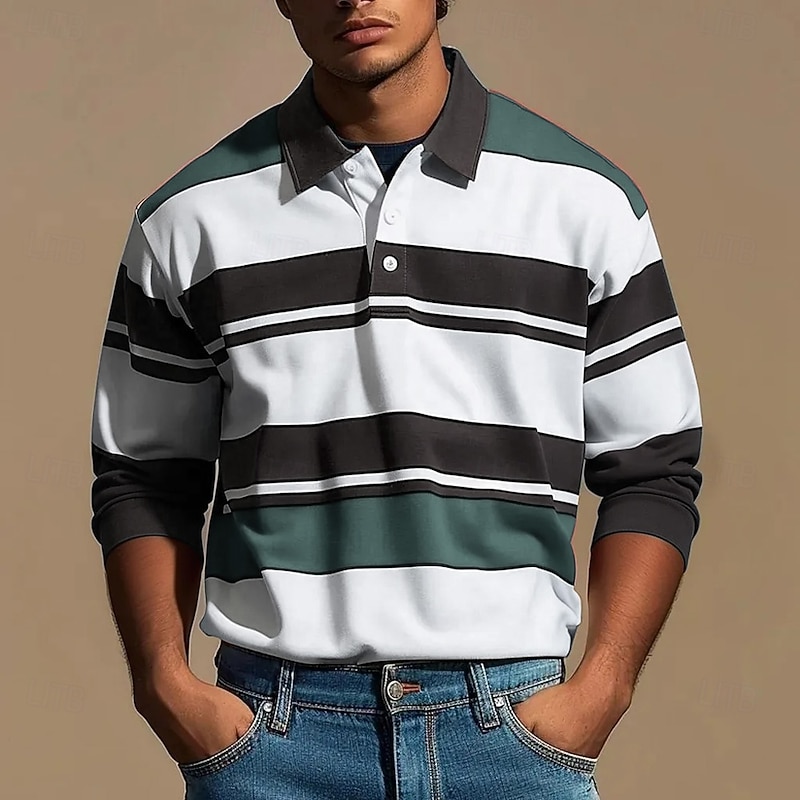 Men's Stripes Rugby Polo Long Sleeve Polo Shirts Collared Shirts Casual Outdoor Athleisure 3D Print Spring Fall Winter Red Brown Green2