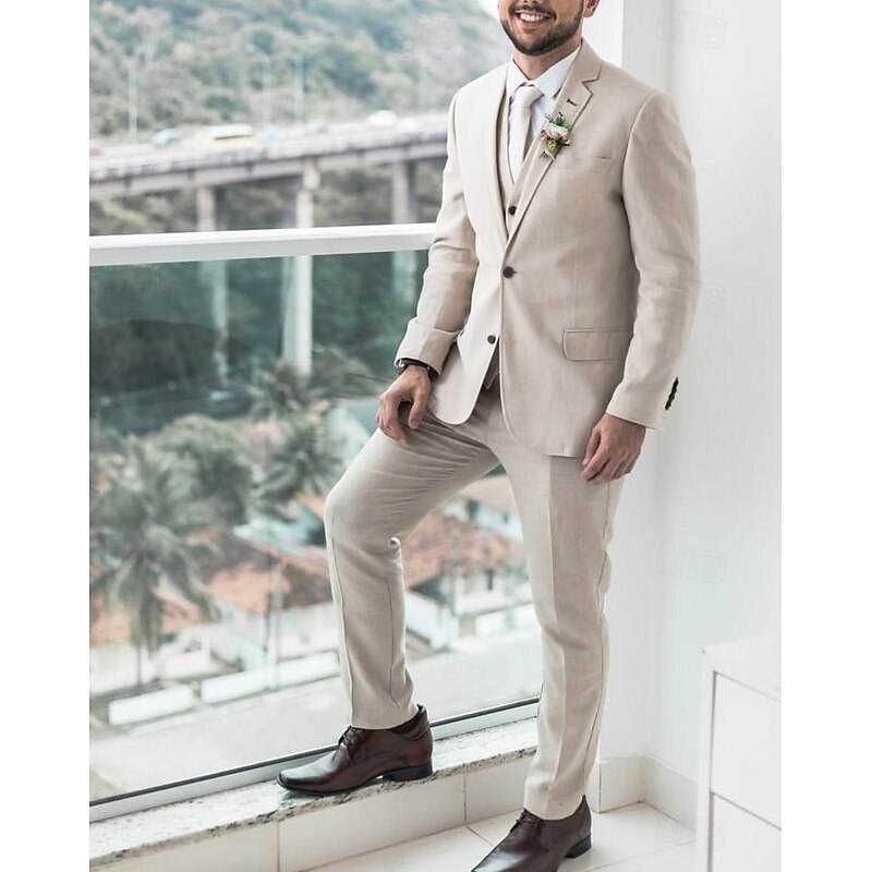 Men's Beach Wedding Linen Suits Notch Sky Blue Beige Fashion Casual Solid Colored Tailored Fit 3 Piece Single Breasted Two-buttons2