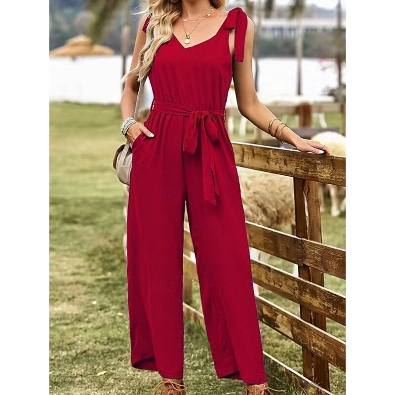 Women's Normal Jumpsuit Active Solid Color Sleeveless V Neck Lace up Pocket Vacation Daily Regular Fit Black Wine Summer