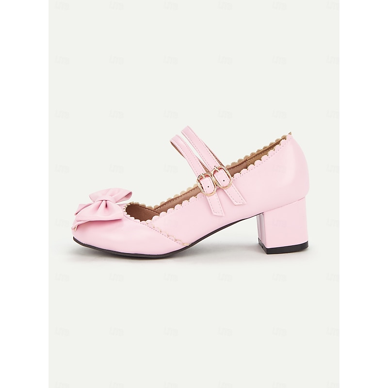 Women's Pink Mary Jane Heels with Double Buckle Strap and Bow Detail - Cute Retro Style Block Heel Shoes for Casual and Dressy Occasions4