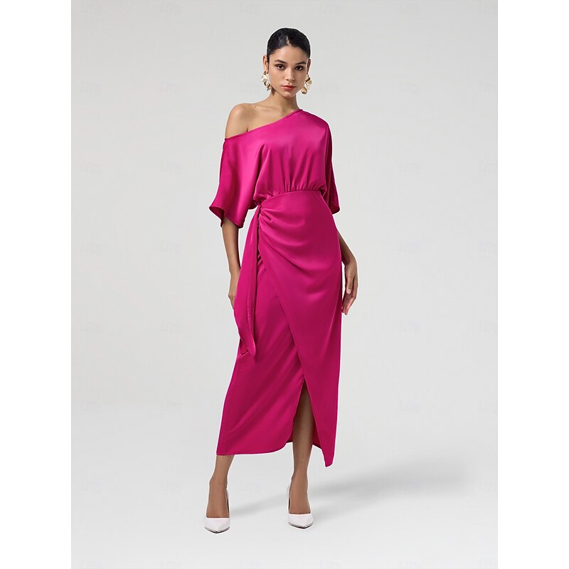 Satin Knotted Wrap Drop Shoulder Maxi Dress