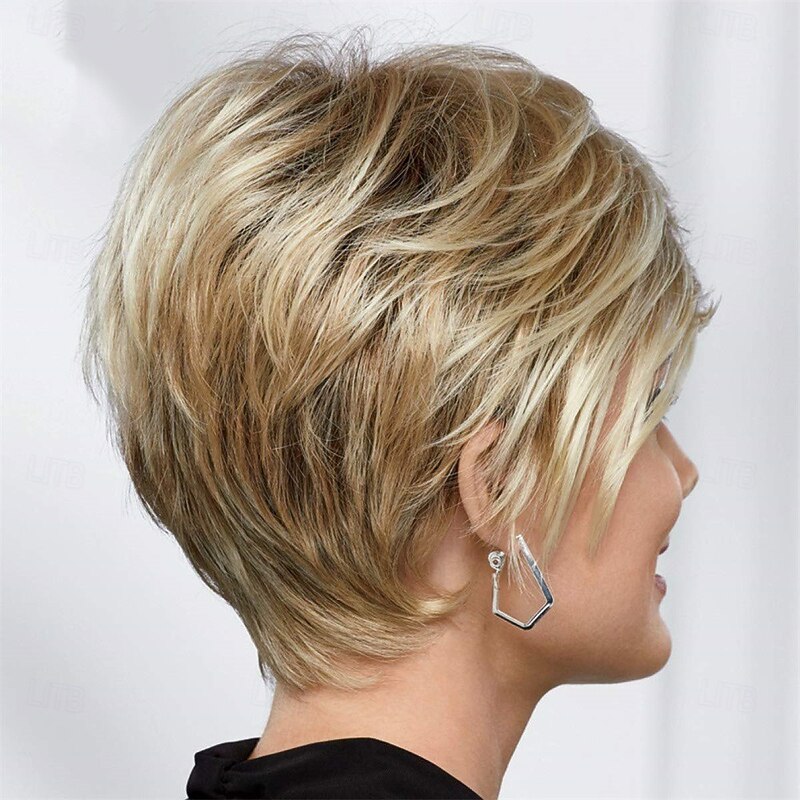 Edgy Short Pixie Wig with An Asymmetrical Fringe and Rich Feathery Layers/Multi-tonal Shades of Blonde Silver Brown and Red With 2PCS HD Wig Cap and Hairdressing Tool Set4