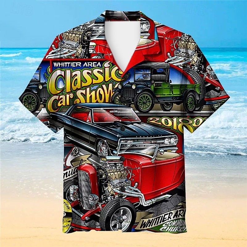 Men's Car Vintage Shirt Summer Hawaiian Shirt Aloha Shirt Short Sleeve Shirt Turndown Tropical Fashion Hawaiian Casual Hawaiian Holiday Black Yellow Red S M L