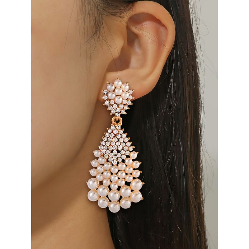Elegant Faux Pearl and Rhinestone Drop Earrings – Vintage Style, Gold-Plated, Perfect for Weddings and Formal Occasions4