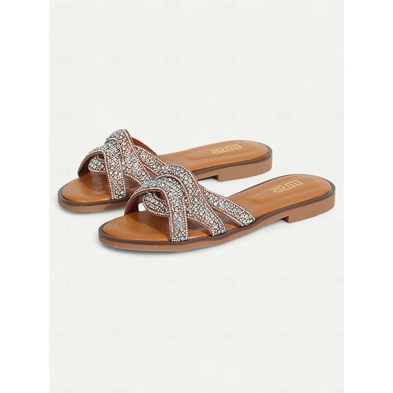 Women's Bohemian Rhinestone Flat Sandals – Sparkly Slip-On Beach Slides with Crisscross Straps for Summer & Casual Wear3