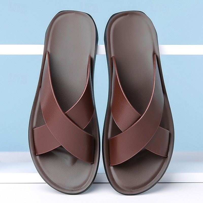 Men's Brown Cross-Strap Slip-On Sandals – Lightweight, Comfortable Design for Beach and Casual Summer Wear