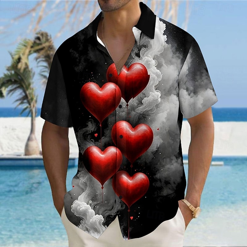 Valentine's Day Men's Heart LOVE Gradient Color Shirt Button Up Shirt Short Sleeve Fashion Casual Vacation Gift Holiday Summer Fall Turndown 3D Print Violet Dark Red Blue 1# Red Light Black4
