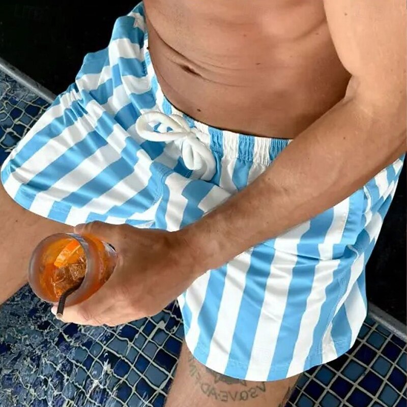 Men's Striped Geometric Pattern Swim Trunks Swim Shorts Board Shorts Mid Waist Streetwear Hawaiian Casual Holiday Beach Vacation Wear Pocket Drawstring Elastic Waist Designer Clothing Apparel2