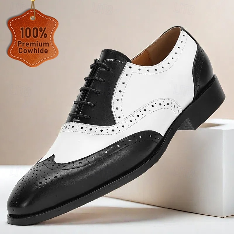 Men's Black and White Wingtip Oxford Shoes – Premium Cowhide Leather, Brogue Detailing, Classic Formal Style, Perfect for Weddings and Business Attire