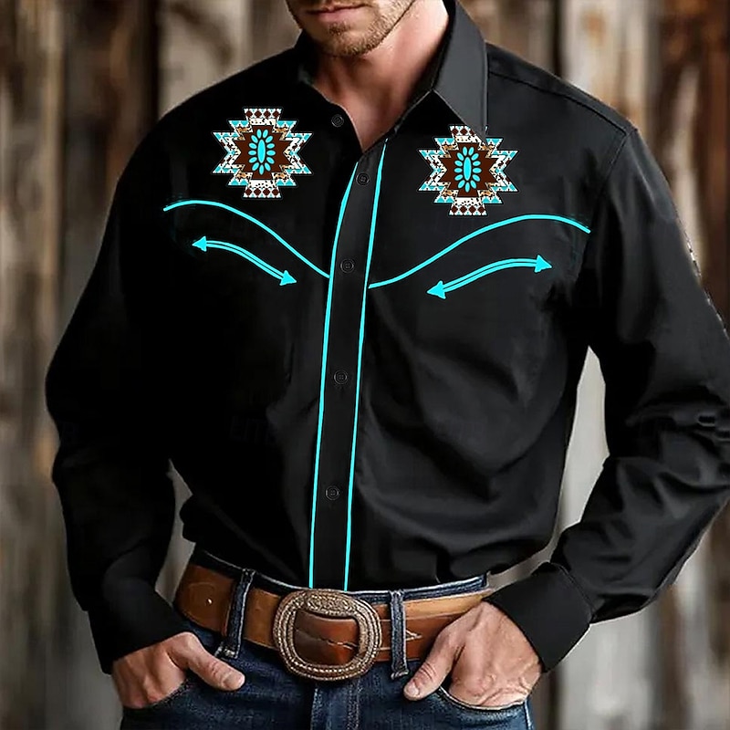 Men's Ethnic Western Shirt Long Sleeve Western Sports Outdoor Spring Fall Turndown Button Up Black