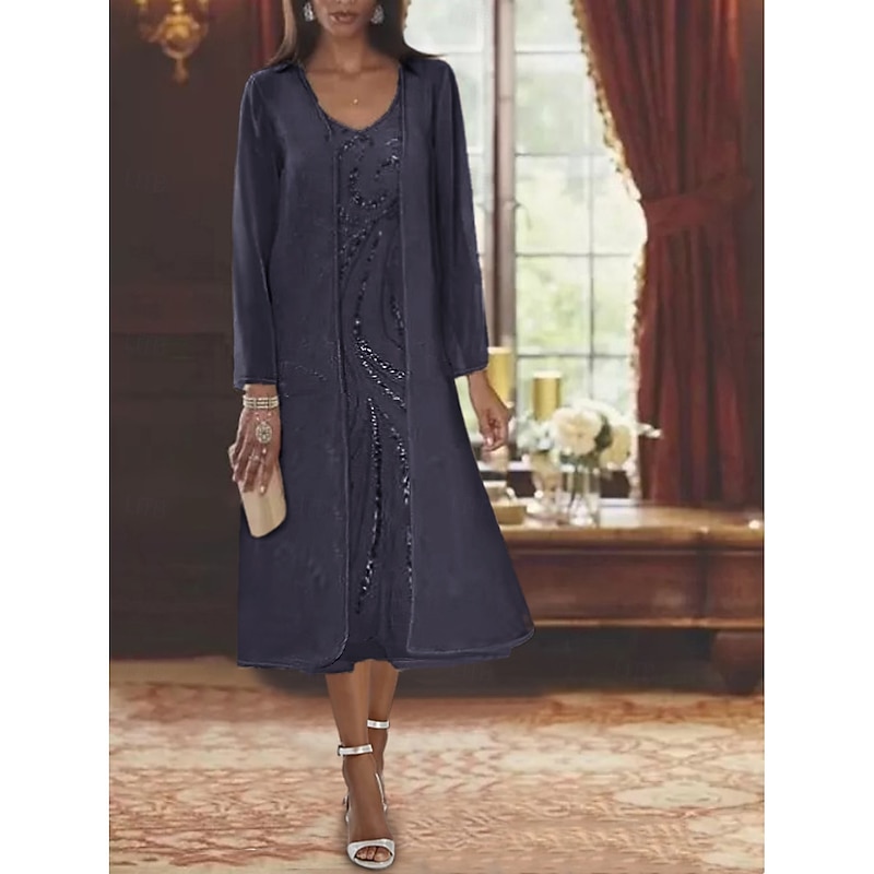 Beach Wedding Two Piece A-Line Mother of the Bride Dress Formal Wedding Guest Elegant V Neck Tea Length Chiffon Lace Sleeveless Jacket Dresses with Beading Sequin 5