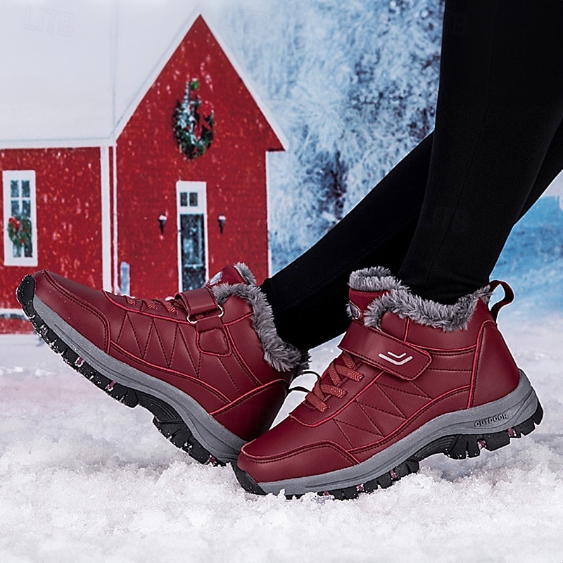 Women's Red Waterproof Winter Boots with Faux Fur Lining and Non-Slip Sole - Ideal for Snow and Outdoor Activities3