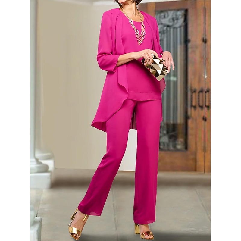 Pantsuit 3 Piece Mother of the Bride  Wedding Guest Elegant Plus Size Jewel Neck Ankle Length Chiffon Sleeveless with Ruffles4