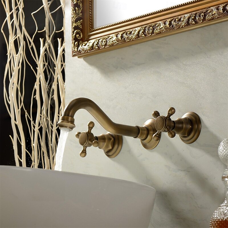 Classic Utility Sink Laundry Faucet, Wall Mount Two Handles Three Holes Wash Basin Tap with Hot and Cold Water Hoses, Laundry Tub Pot Filler Commercial Faucet in Oil Rubbed Bronze Antique Copper3